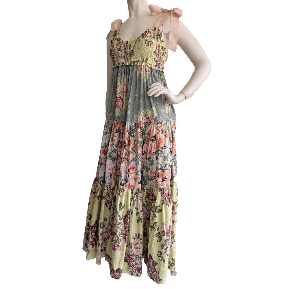 FREE PEOPLE Anthropologie Maxi Dress Smocked Floral Boho Romantic Cotton Size XS